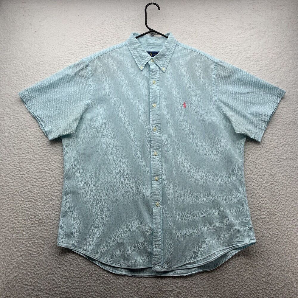 Ralph Lauren Seersucker Shirt Mens XL X-Large Aqua Blue White Striped Preppy Dad